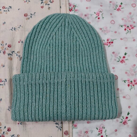 Acne Studios Light Blue Smiley Face Square Logo Knit Hat main image 4